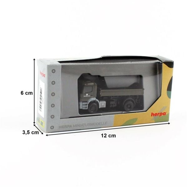 Herpa 746946 1/87 Ölçek, MB Axor Düz ve Damper Kasalı Kamyon, Askeri Yeşil, Sergilemeye Hazır Model Araç