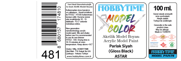 Hobbytime 481 100 ml. Parlak Siyah (Gloss Black), Astar, Akrilik Model Boyası