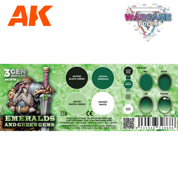 AK 1078 4x17 ml. Zümrütler ve Yeşil Taşlar, 3Gen Akrilik Wargame Boya Seti