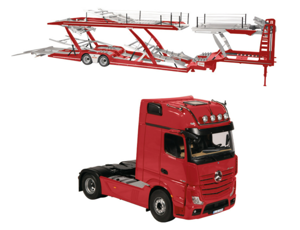 NZG 1025/10 1/18 Ölçek, LOHR 6 lı Araç Taşıma Dorsesi (Kırmızı) ve Mercedes-Benz Actros Çekici (Kırmızı), Sergilemeye Hazır Metal Model