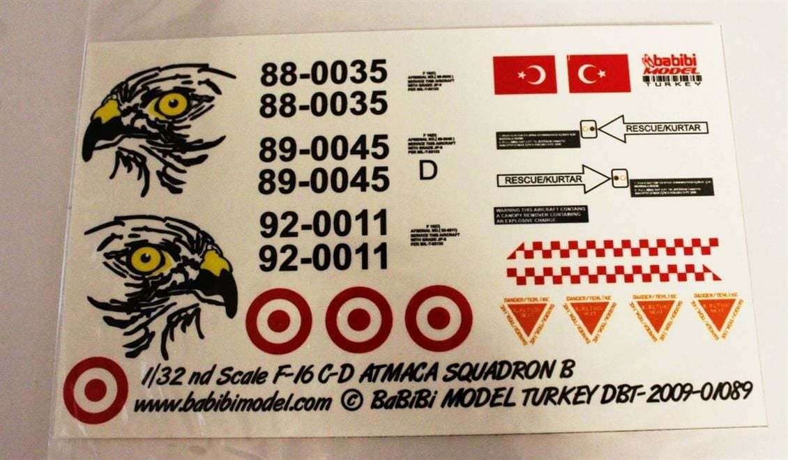Babibi DBT01089 1/32 Ölçek, Turaf F-16 C/D, 182.Atmaca Filo, Dekal Çıkartma