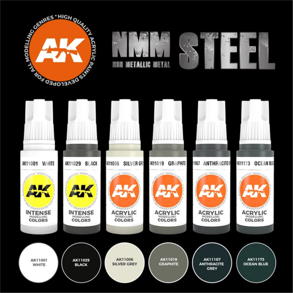 AK 11601 6x17ml. Çelik, NMM (Non Metalic Metal) Tekniği Akrilik 3GEN Model Boyası Seti
