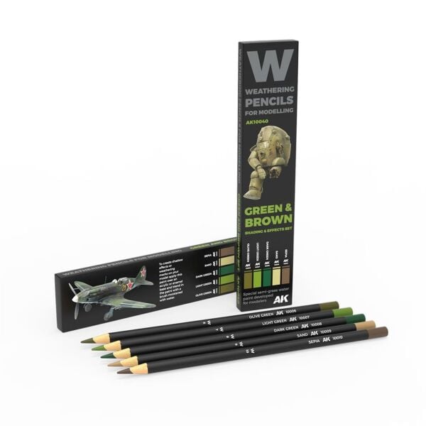 AK 10040 Suluboya Kalemi Seti, Green & Brown, Shading & Effects, 5 Adet