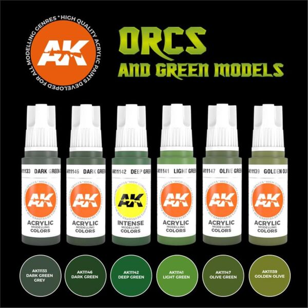 AK 11600 6x17 ml. Orc ve Yeşil Yaratık Teni, Figürler için Akrilik Model Boyası Seti