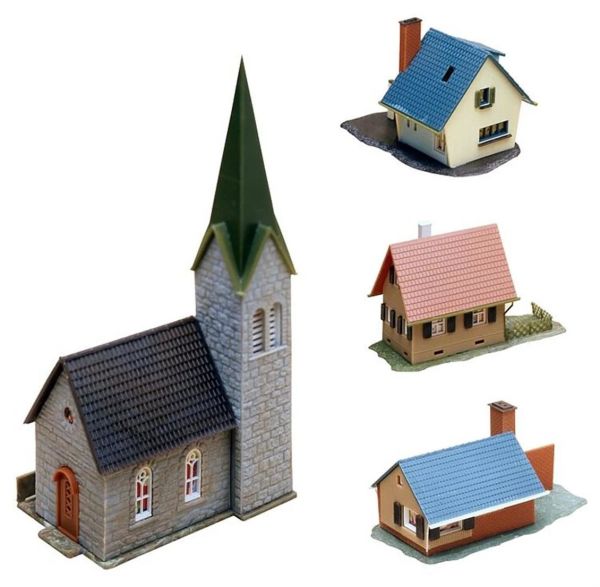 Faller 232220 1/160 Ölçek, Köy Evleri ve Kilise ( 4 Adet ), Plastik Model Kiti