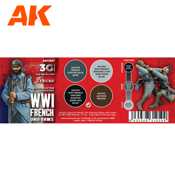 AK 11637 6 x17 ml. WW I Fransız Uniformaları, Akrilik 3GEN Model Boyası Seti