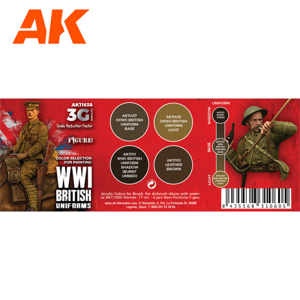 AK 11638 6 x17 ml. WW I Ingiliz Uniformaları, Akrilik 3GEN Model Boyası Seti